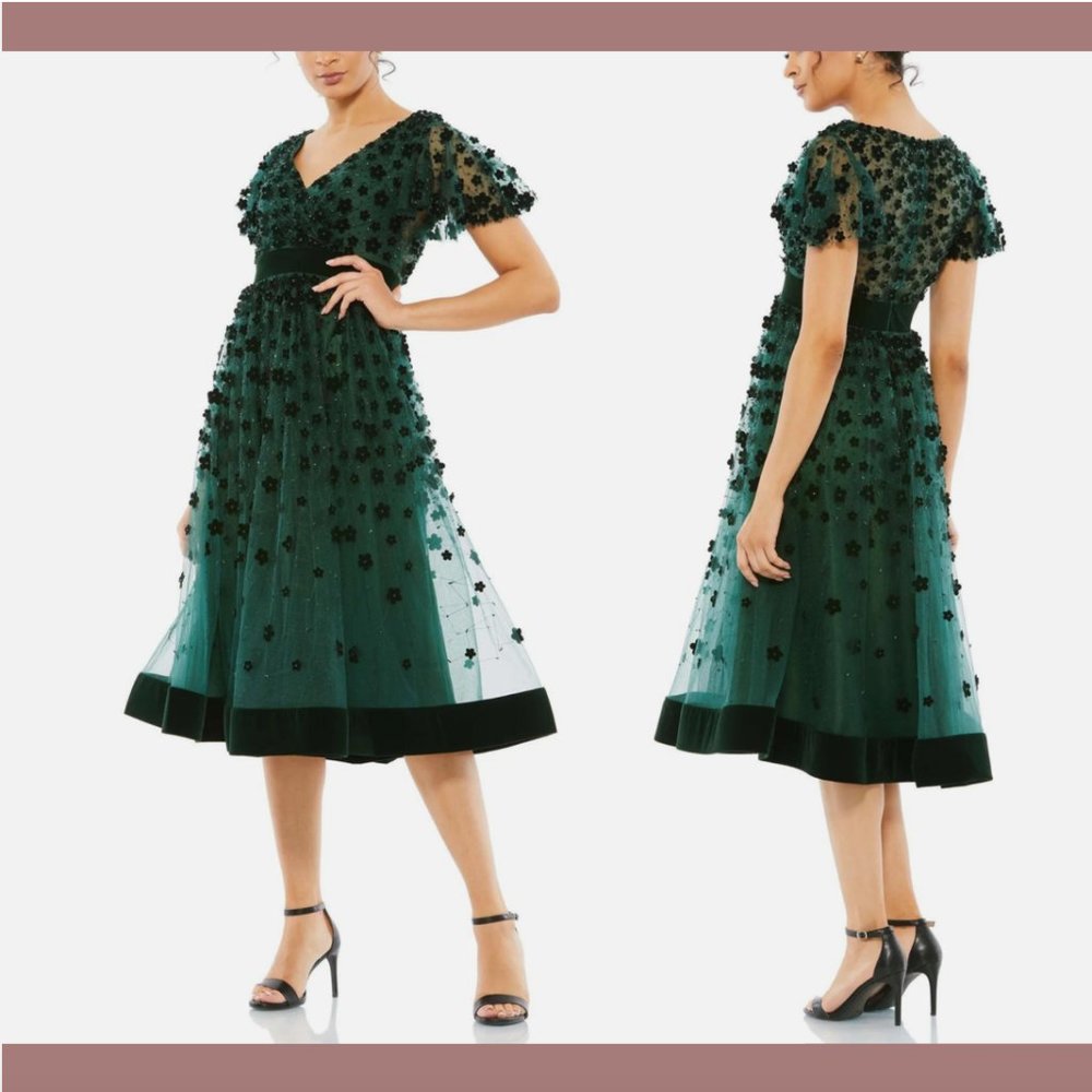 NWT Mac Duggal [ 4 ] 3D Floral Butterfly Sleeve Velvet Hem Midi Dress Green Q599
